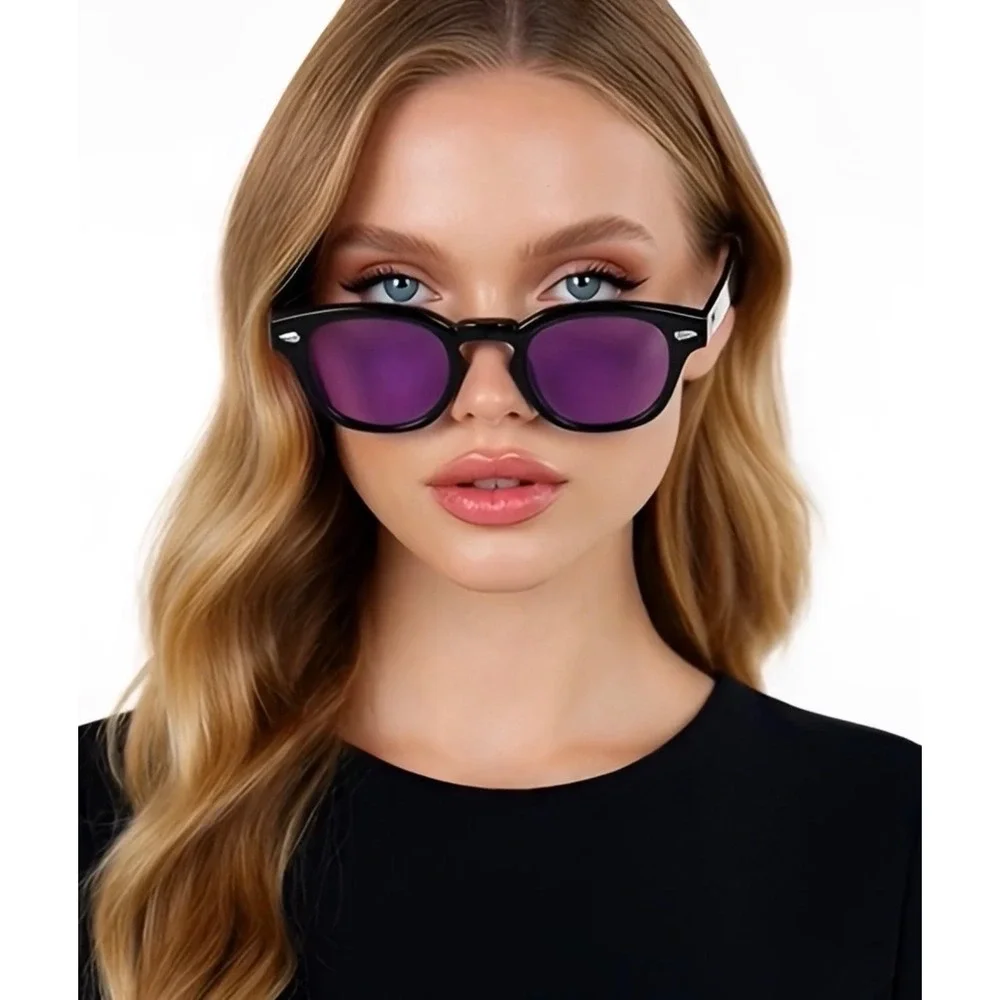 Men Women Sunglasses Glossy Black Frame Purple Lens Retro Inspired Unisex Classy